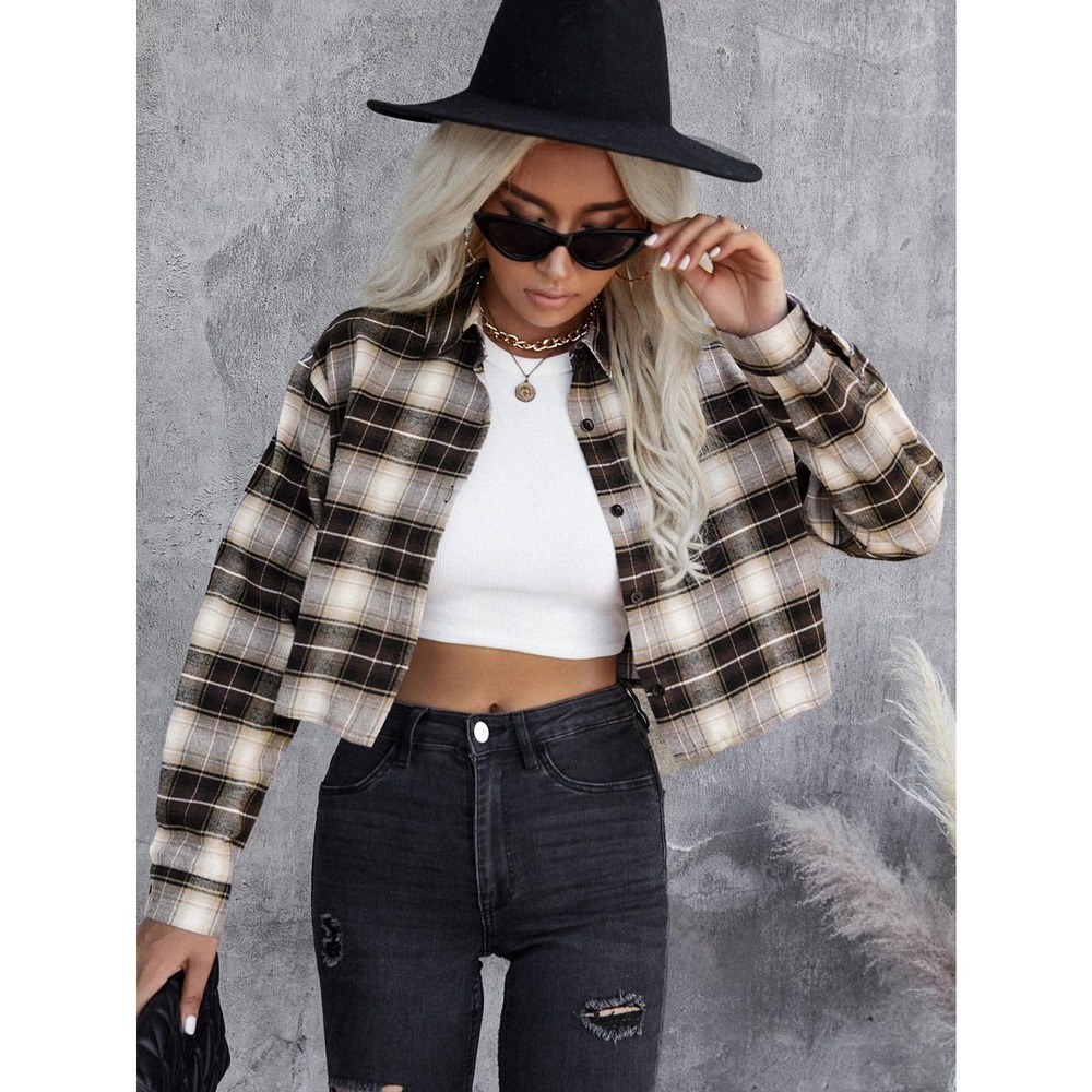 ❗️ Plaid Single Breasted Drop Shoulder Crop trucker jacket fall tan brown - Picture 1 of 5